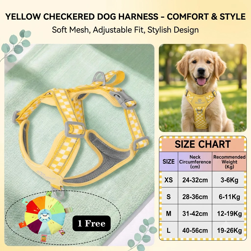 Schachbrettmuster Hundegeschirr-Set mit Leine, Verstellbare Weste, Atmungsaktiv, Ausbruchsicher, Hundeführleine