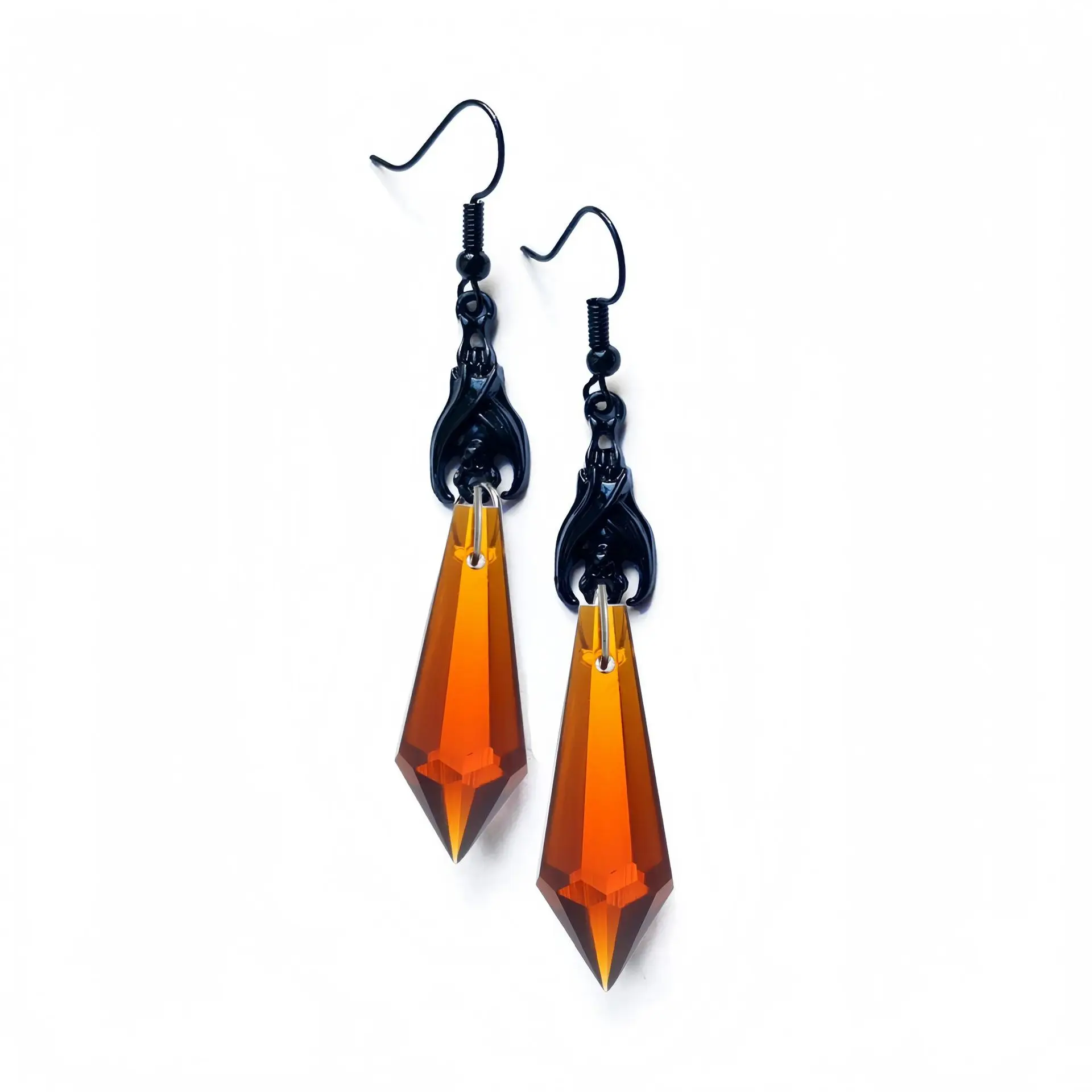 Gothic Bat Crystal Drop Earrings,Black Plated Vampire Bat with Red/Blue/Yellow/Orange Crystal Dangle Earrings,Dark Grunge Jewelr