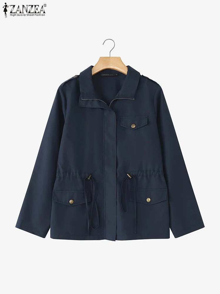 ZANZEA 2025 Autumn Long Sleeve Jackets Woman Casual Drawstring Waist Zip-Up Solid Color Outerwear Work Wear Cargo Fashion Coats