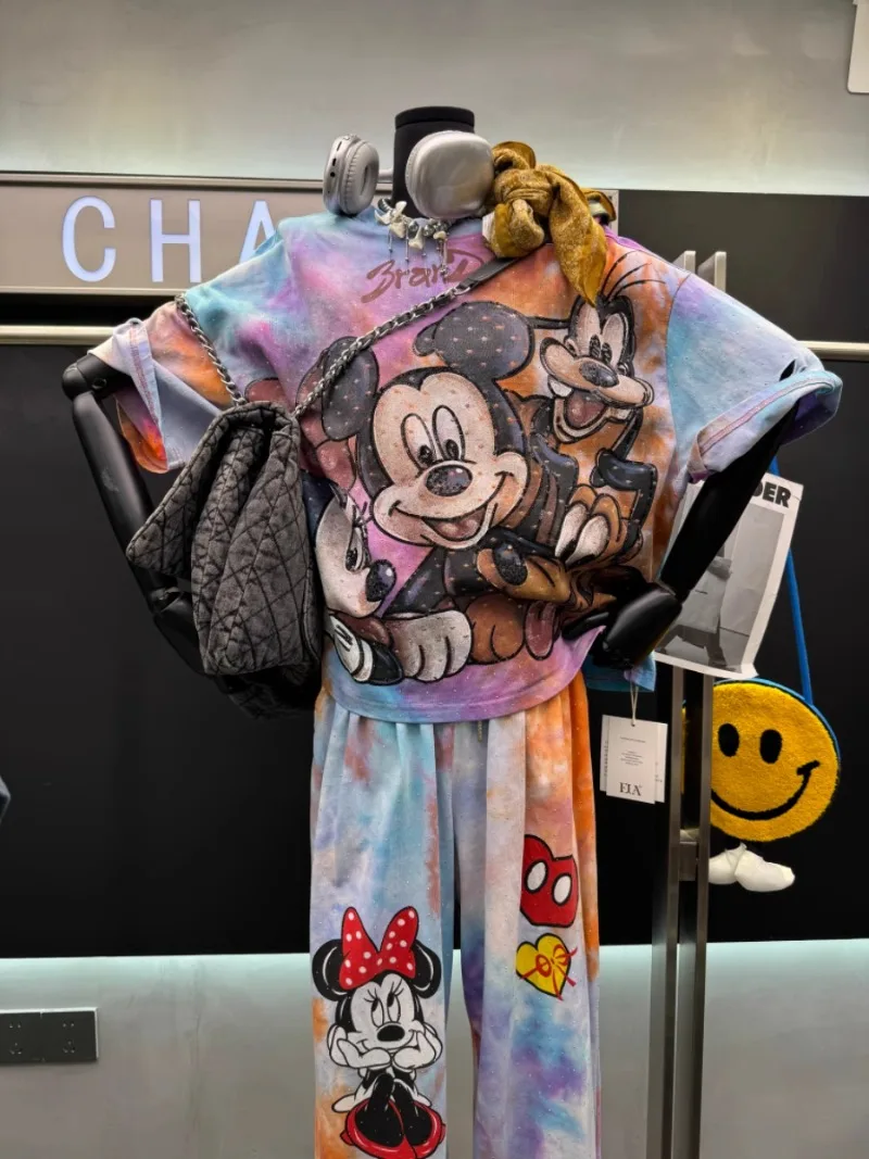 2025 Summer New Heavy Industry Tie-dye Hot Diamond Mickey Print Loose Fashion Age-reducing Top Short-sleeved T-shirt For Women