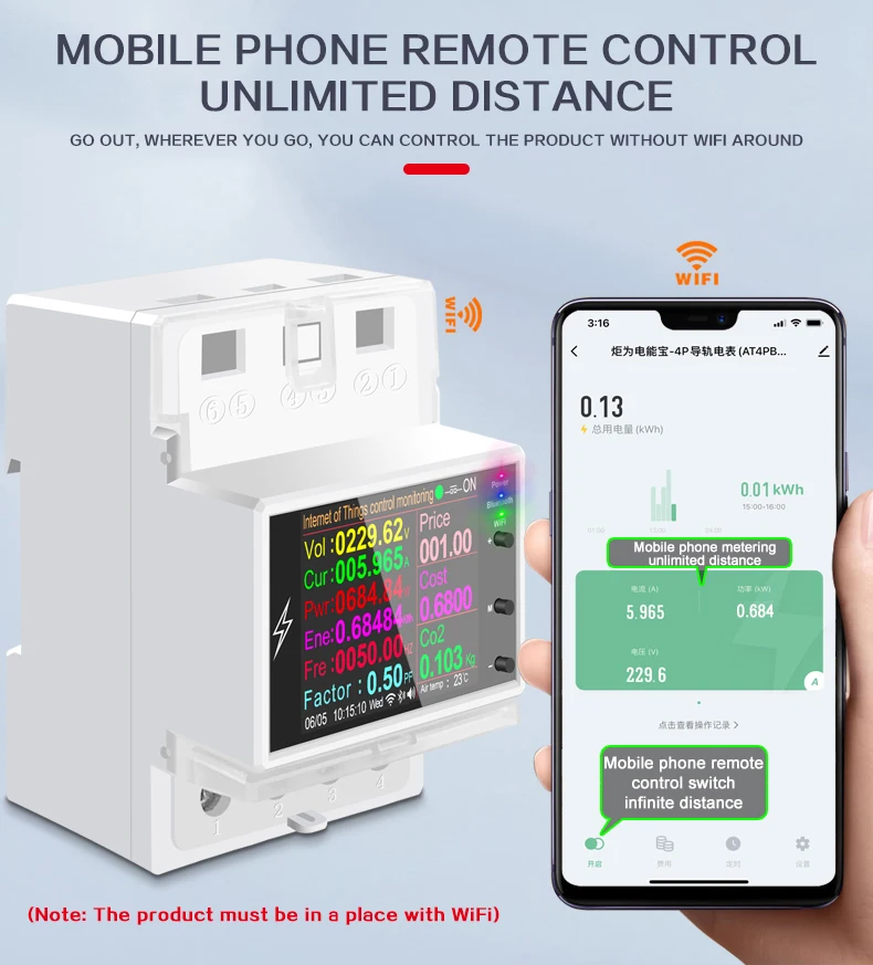 Imagem -02 - Digital Power Energia Din Rail Interruptor Inteligente Controle Remoto Volt Amp Kwh Fator Medidor de Freqüência At4pw ac 110v 220v 100a Tuya Wi-fi