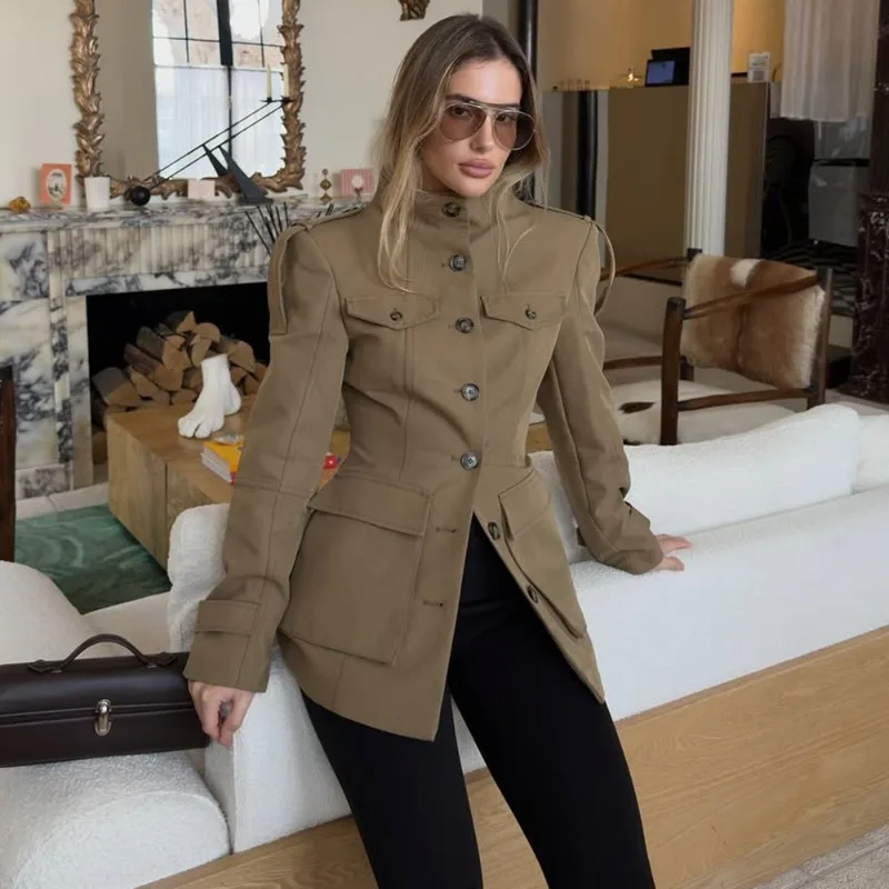 Jaket Wanita Vintage Talenza Model Slim Fashion Lengan Panjang Kancing Satu Baris Mantel Berkantong Jaket 2025 Streetwear Wanita Terbaru