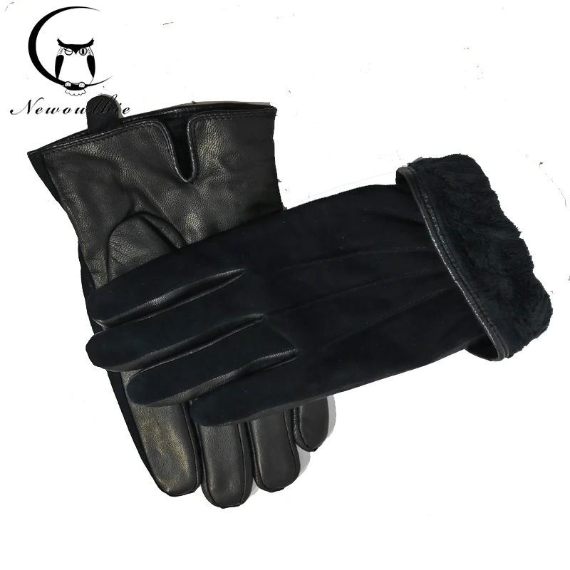 Men's genuine leather sheepskin gloves, warm in autumn and winter, all finger black, lightweight, high-quality gloves