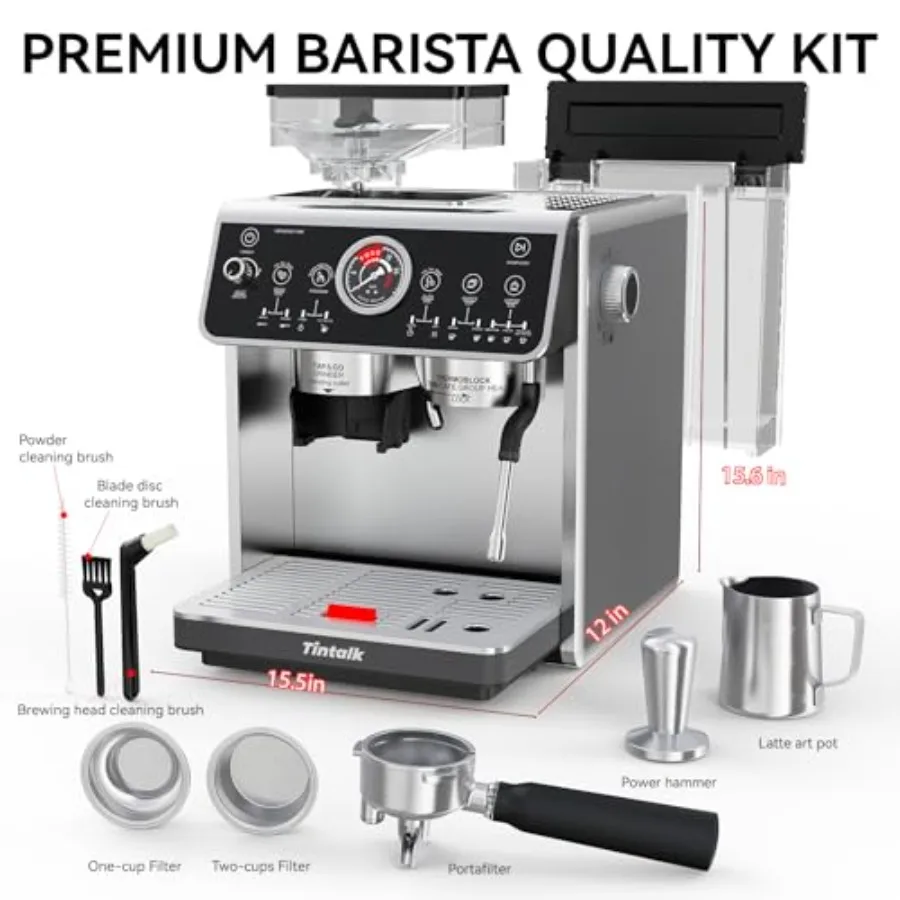 Máquina de café expreso profesional para uso doméstico y cafetería con extracción de alta presión de 20 bares 15 ajustes de molienda ajustables Heati dual