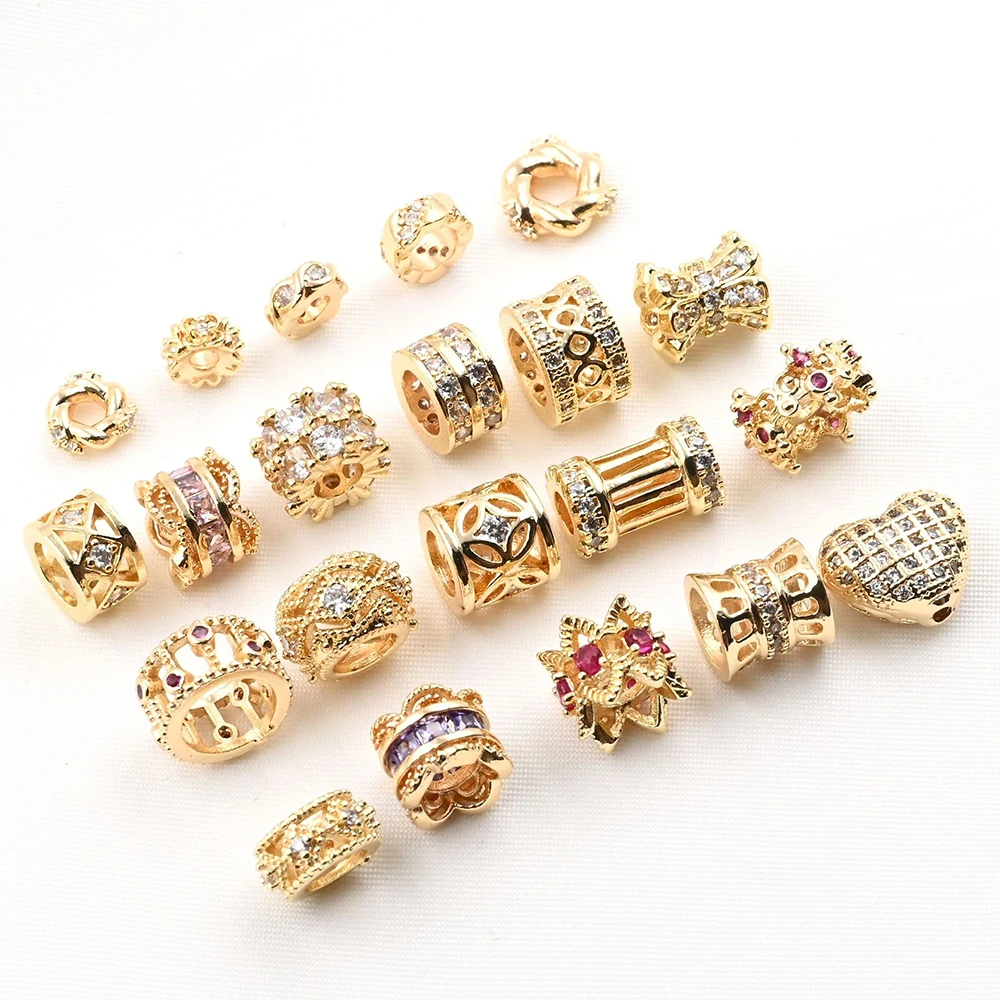 5pcs Spacer Beads Rhinestone Gold Color Plated Brass Diy Necklace Bracelet Accessories Craft Jewelry Findings