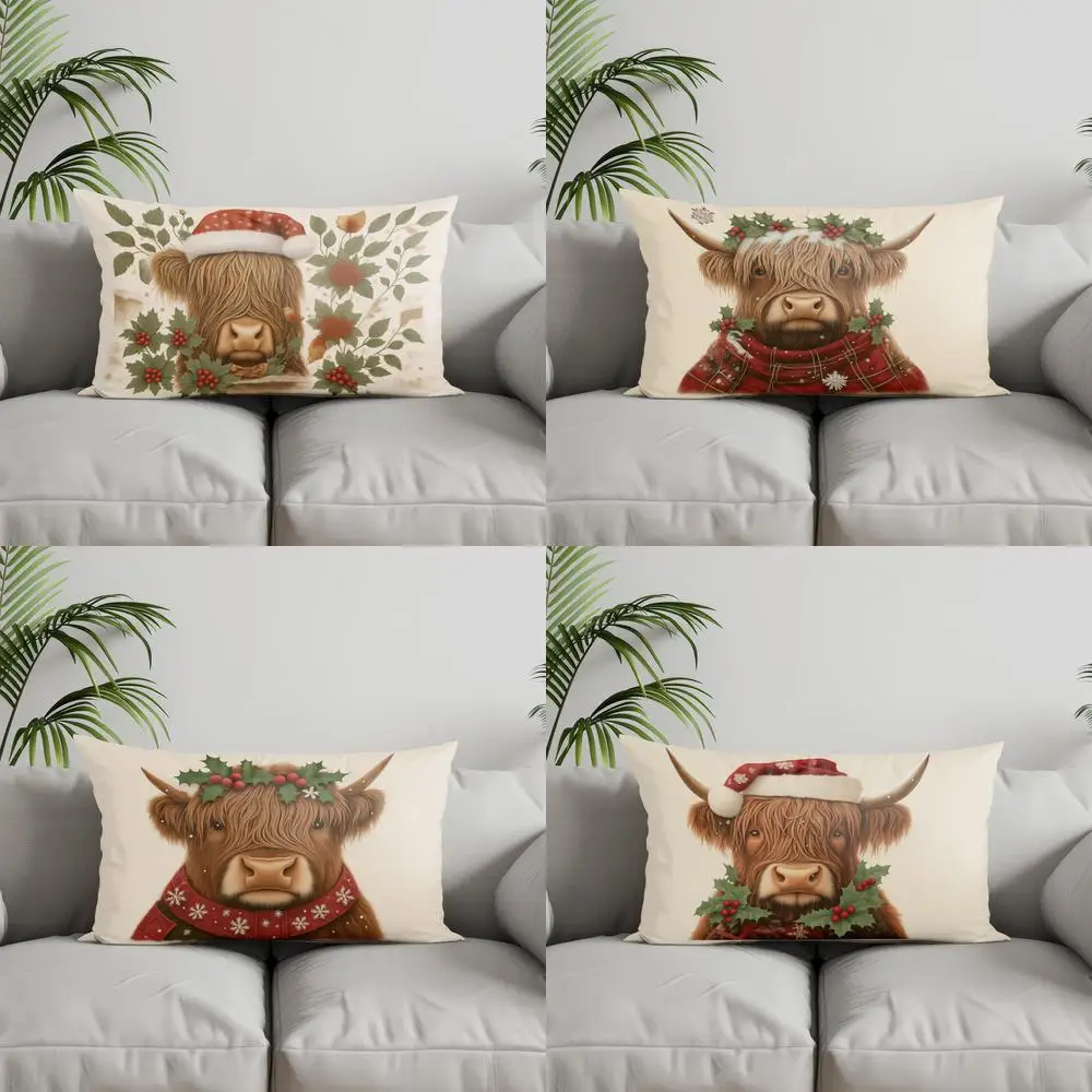 Home Decor Highland Cow With Christmas Hat Suitable For Sofa Bedroom Car Pillow Cover Cushion Rectangular Back Cushion