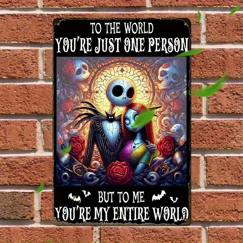 لوحة فنية جدارية معدنية من Disney The Nightmare Before Christmas Jack & Sally - تصميم مسطح عتيق ثنائي الأبعاد مع "You're Just One Pe