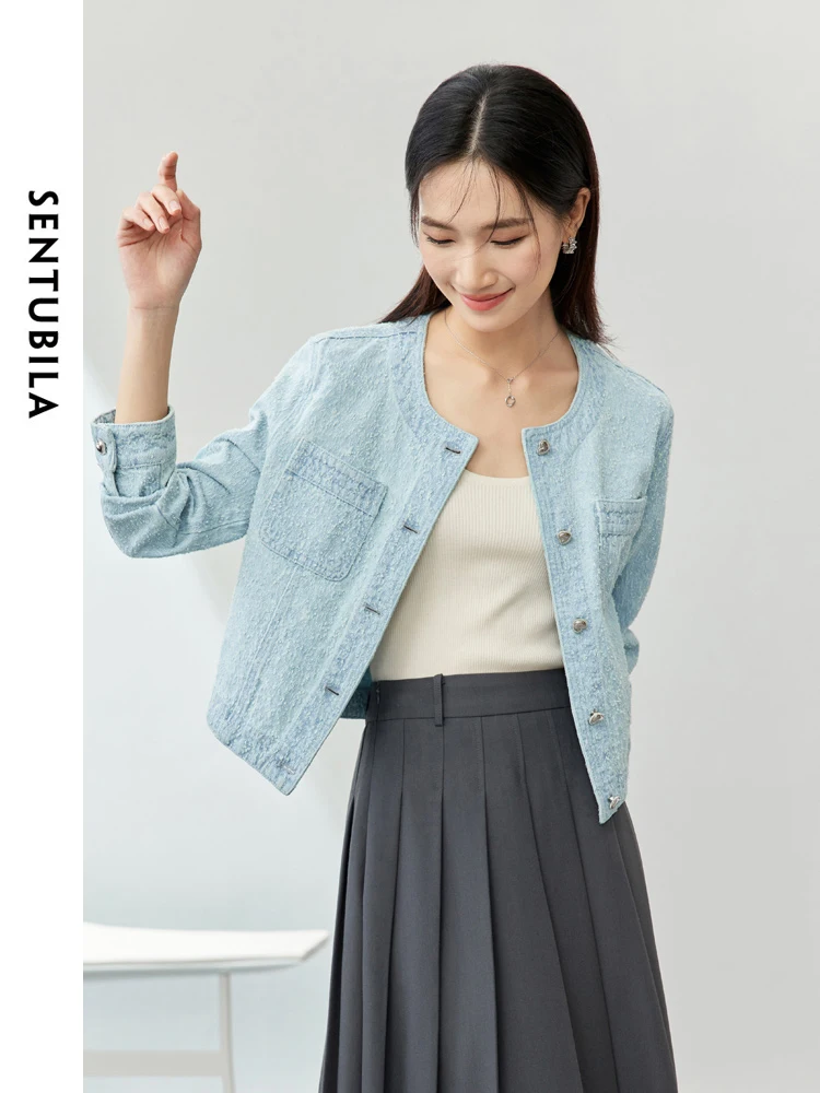 

SENTUBILA Cropped Denim Jacket Women 2024 Spring Autumn Patch Pocket Round Neck Long Sleeve Jean Coat Womans Outerwear W41W53692