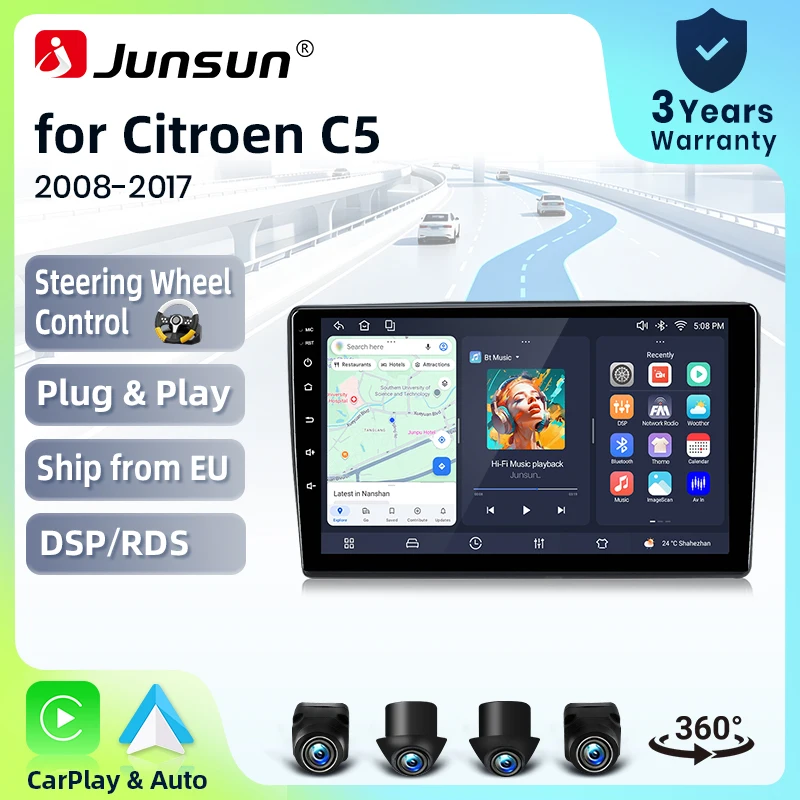Autoradio Junsun sans fil CarPlay Android Auto pour Citroen C5 Mk2 (RD/TD) 2008-2017 avec ventilateur de refroidissement intégré, navigation GPS Android, lecteur multimédia, WiFi, DSP, RDS, BT, SWC, écran tactile IPS, autoradio, lecteur vidéo, unité principale, stéréo