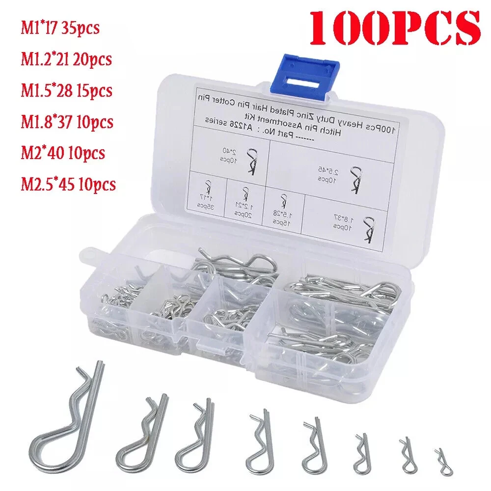 100Pcs R Clips Spring Lynch Hitch Cotter Hair Pin Assortment Stainless steel Tractor Set