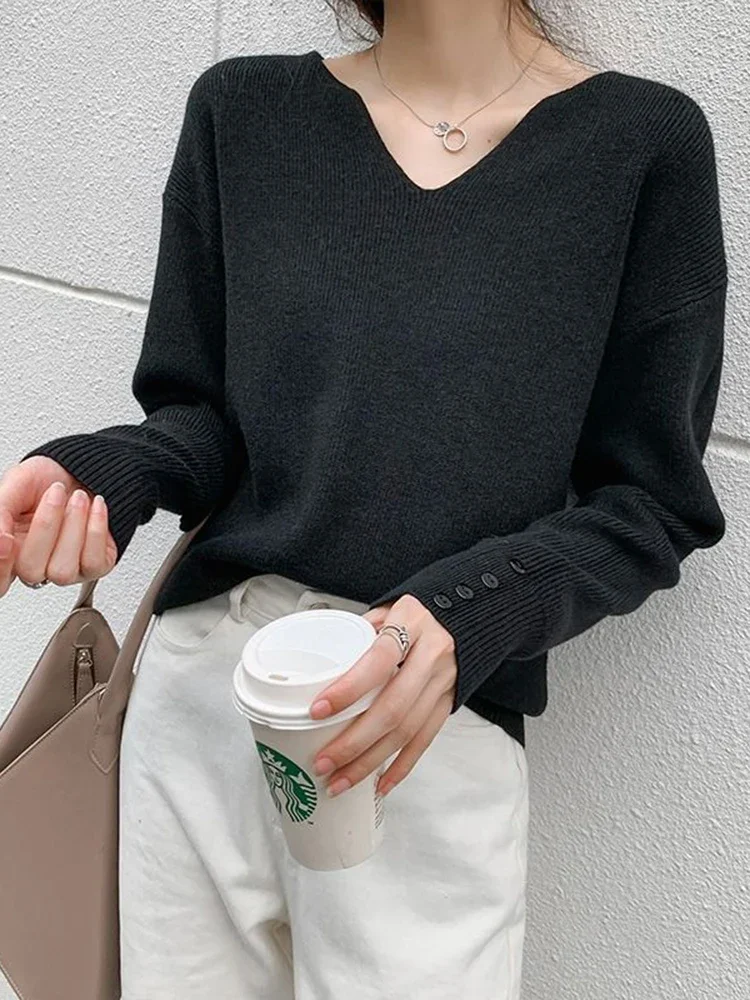 Women Sweater Autumn Winter Knitted Tops Pullovers V-neck Casual Solid Soft Knitwear Jumpers Basic Female Sweaters Korea