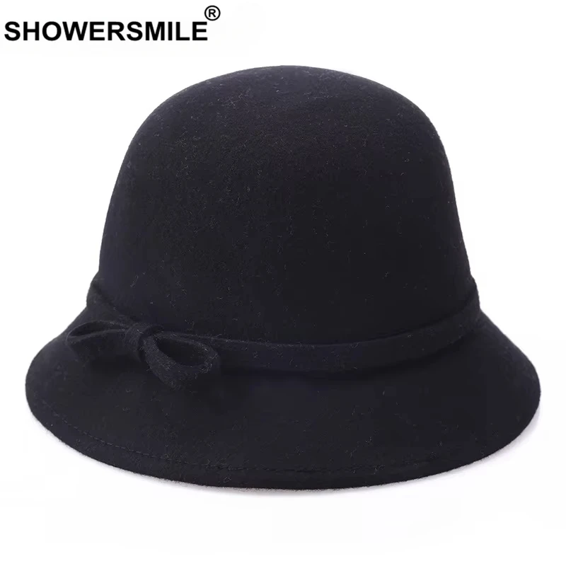 

Black Wool Fedora Hat Women 100% Wool High Quality Burgundy Elegant Ladies Felt Hat Bowtie Winter Female Vintage Bucket Hat