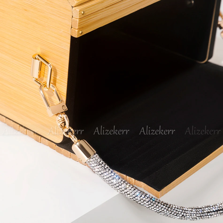 Alizekerr Cuboid Box Bamboo Beach Handbags Women 2024 Boutique Summer Vintage Rhinestone Handle Wood Straw Bags Bohemian Holiday