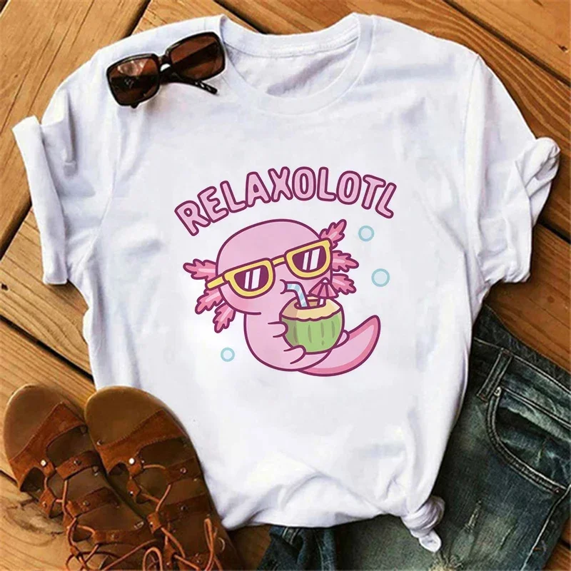 NEW Cute Axolotl Drinking Bubble Tea Printed Kids T-shirt Summer Pure Cotton Short-sleeved Casual Tops for Boys and Girls