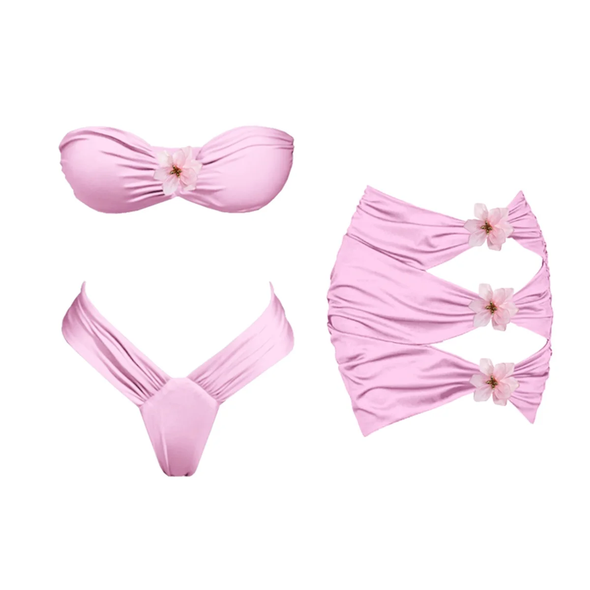 3Pcs Flower Bikini Sexy Women Swimsuit 2025 Bandeau Biquini Swimwear Female Hollow Swim Suit Mini Skirt Bathingsuit Beachwear