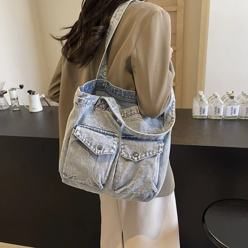 Bolso de mano de tela vaquera para mujer, bolsa de hombro de alta calidad con hilo de coser, bolsillo Interior con cremallera, color sólido, a la venta, 2024