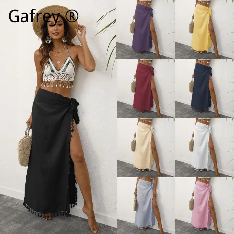 Women's Tie Up Beach Skirt Tassel Patchwork Irregular Wrap Skirt, Sexy One Piece High Waist Midi Skirt for Summer Vacation Party