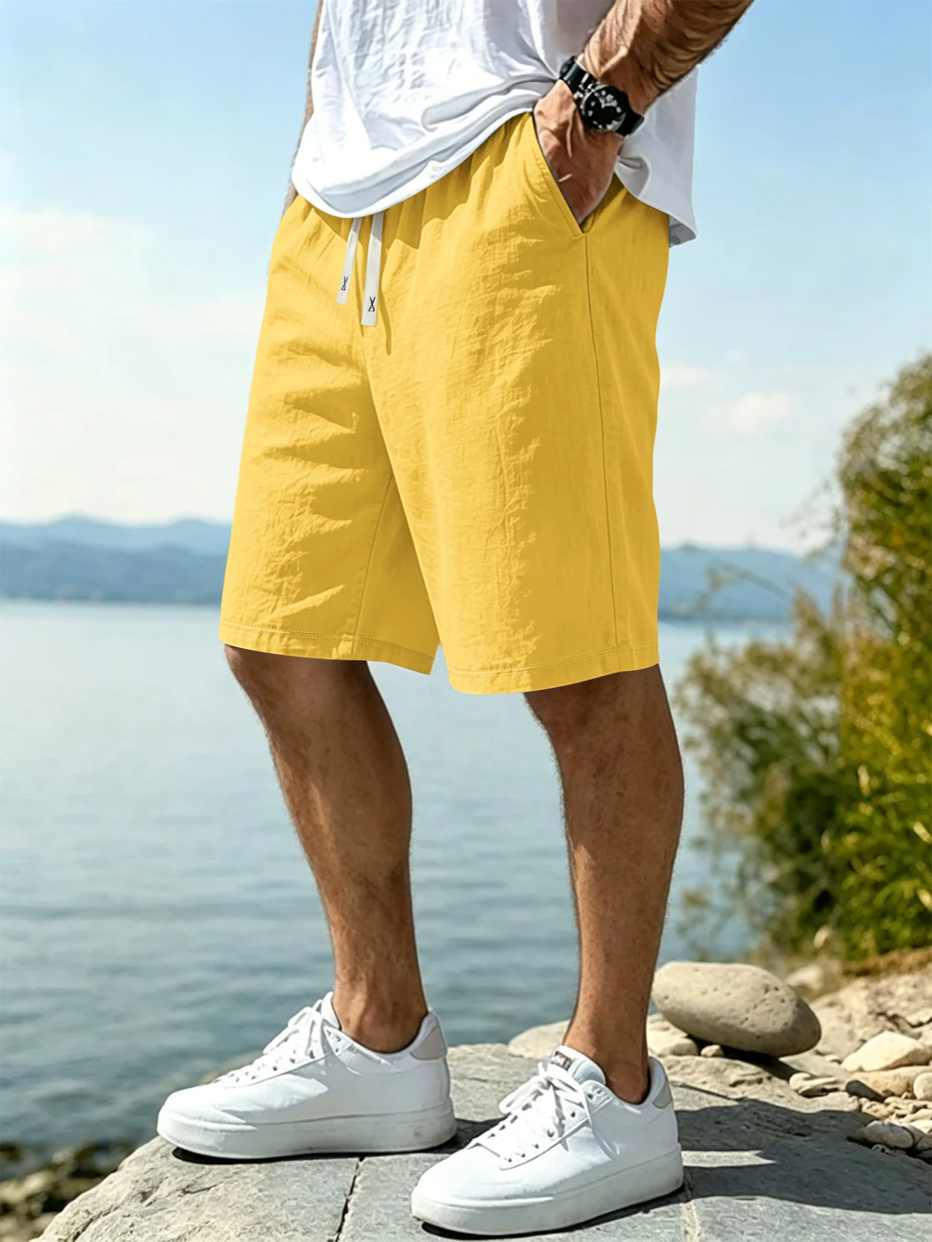 2026 Sommer Neue Einfarbige Schlichte Herren-Shorts aus Baumwolle und Leinen für Sport, Urlaub und Strand – Detail 2