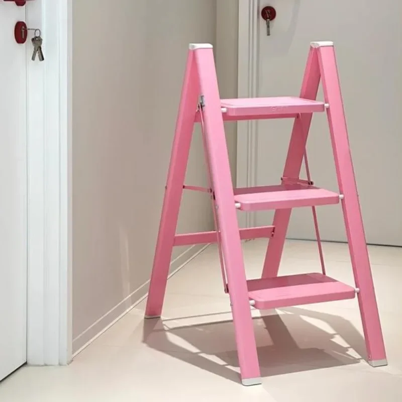 

F1 Sakura Pink Folding Step Ladder, Anti-Slip A-Frame, Thickened Four-Step Ladder, Stable Home Use Stepladder with Pink Design