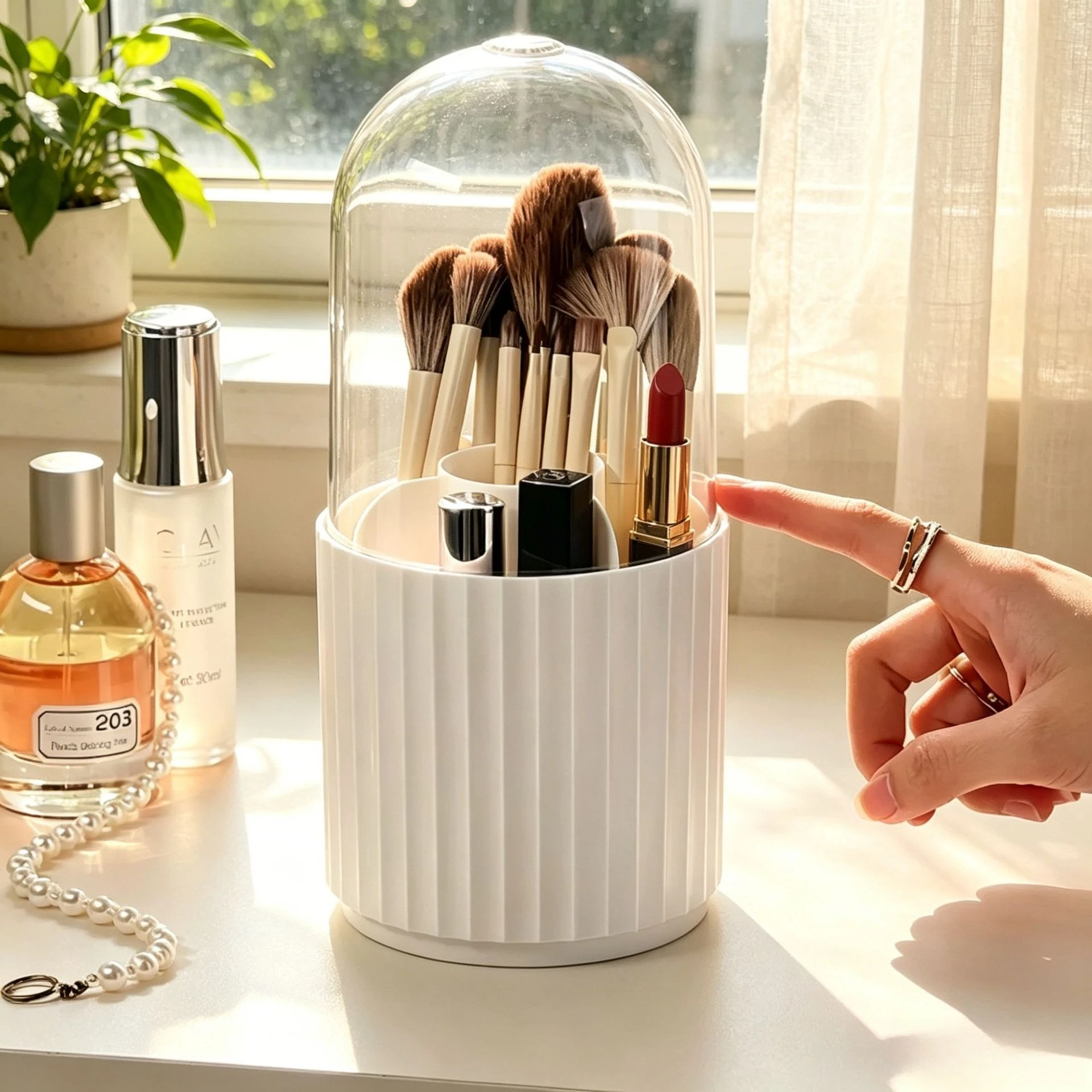 Rotatable Makeup Brush Holder With Lid Vertical Grain Dustproof Cosmetic Organizer Desktop Storage Bucket For Dressing Table