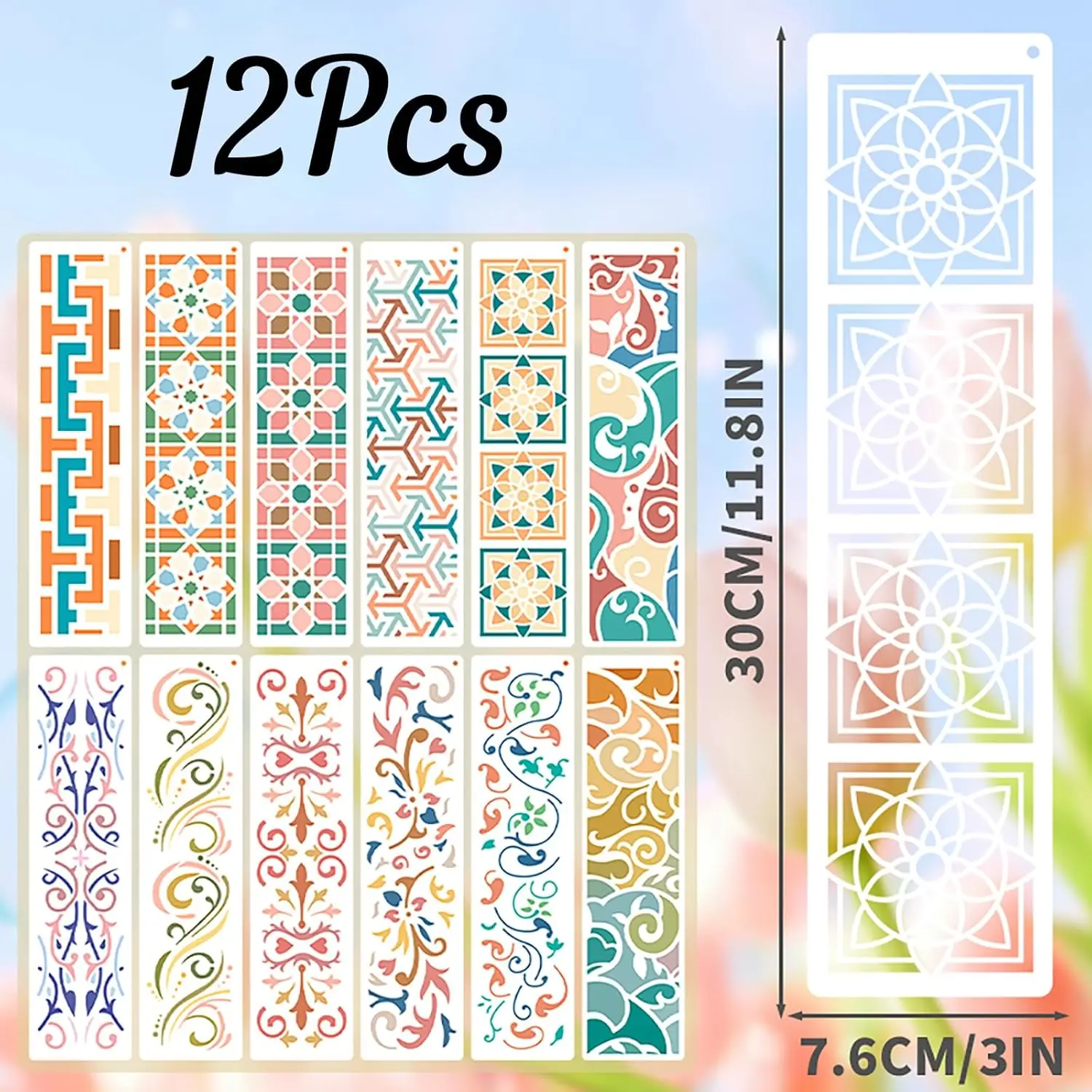 12Pcs Geometric Floral Border Spray Stencils, PET Long Strip Template for DIY Painting, Canvas & Home Wall Decor Crafts