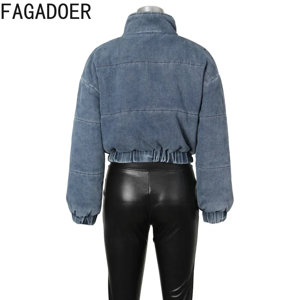 FAGADOER Fashion Street Style Women Stand Collar Zipper Denim Cotton Jacket Autumn Winter Female Pocket Slim Thick Coats Tops