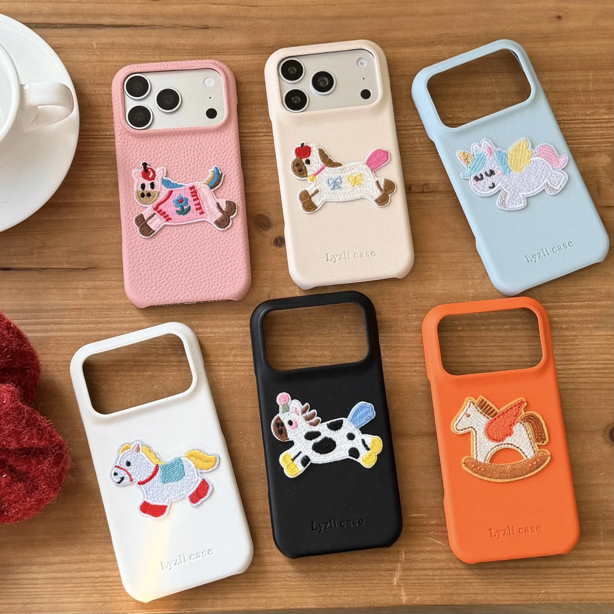 

Cute Embroidered Pony Skin Feel Leather Phone Case for iPhone 13/14/15 Pro/16 pro Max/17 Air/17 pro Max Durable Protective Cover