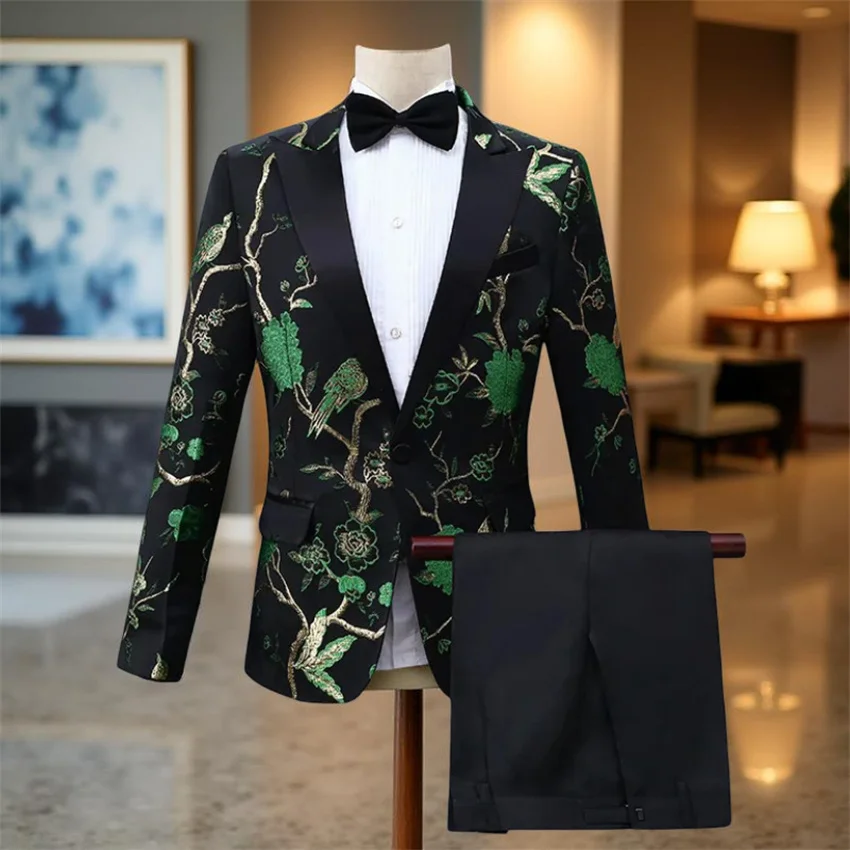 Floral Men Suits for Wedding Prom 2 Pcs Embroidery Pattern Fashion Party Groom Tuxedo for Stage Singer Costume Jacket Pants