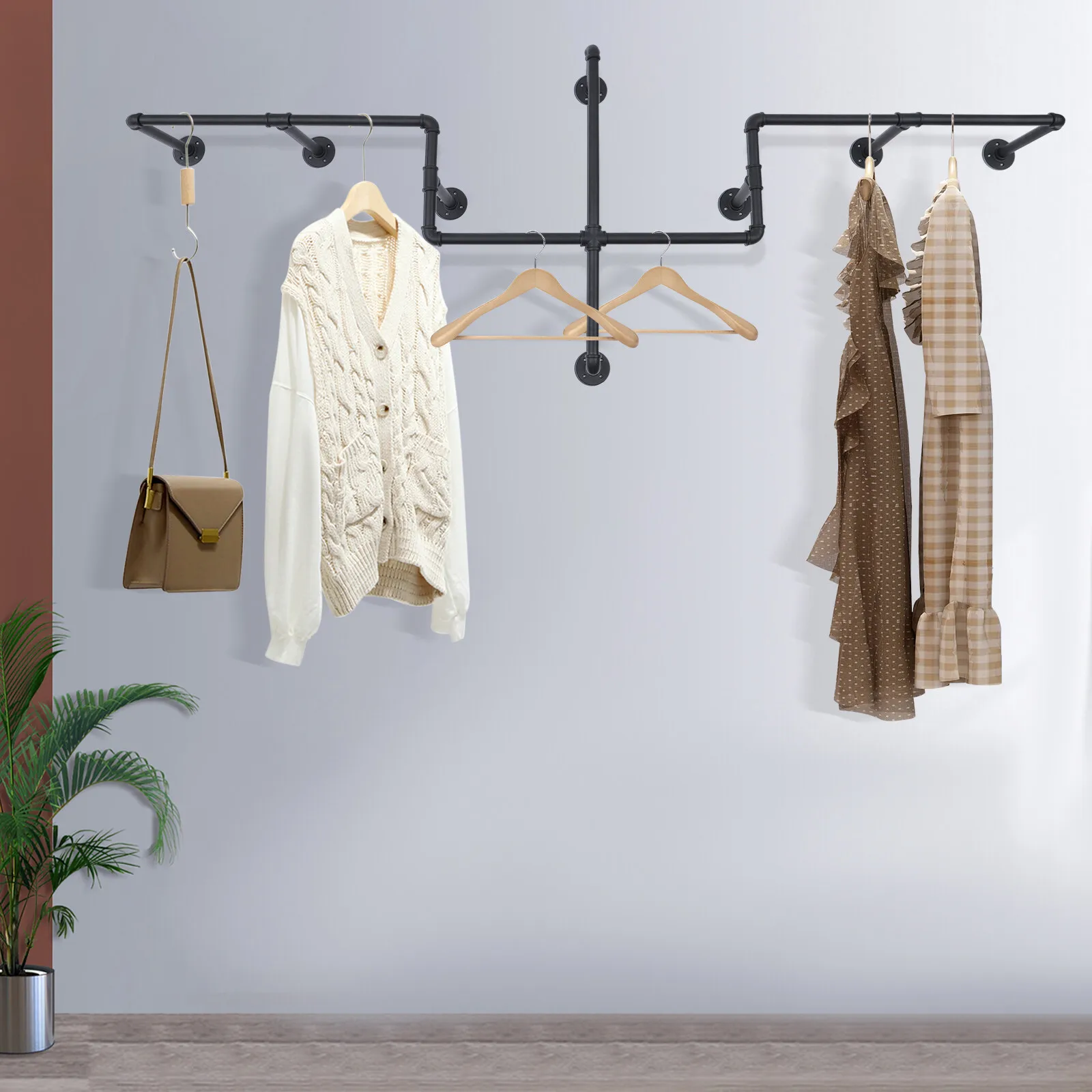 

Wall Mounted Clothes Rack Clothing Garment Display Rack Retail Industrial Pipe Coat Hanger Storage Holder Black