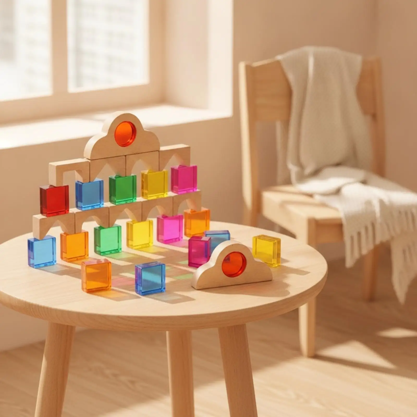 Wooden Blocks with Acrylic Transparent Toy Set Rainbow for Playroom