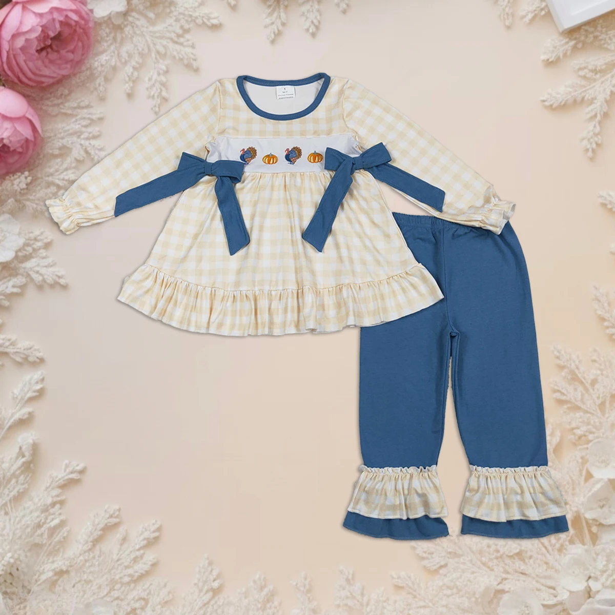 

Hot Sale Baby Girl Outfit Toddler Clothing Set Turkey Pumpkins Embroidery Long Sleeve Top Ruffle Pants Kids Clothes Daily Wear