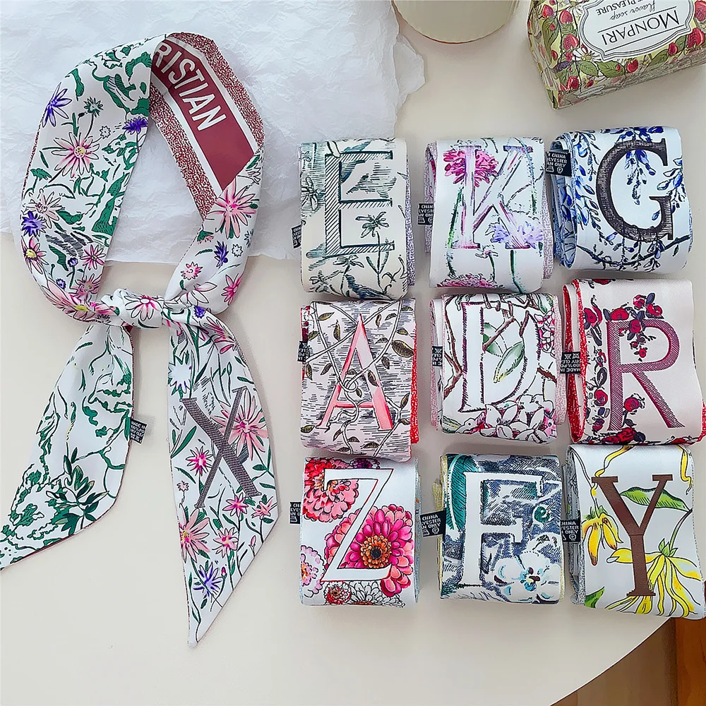 2024 New 26 Letters Twill 100% Silk Scarf Women Fashion Scarf Skinny Bag Scarves Design Headband Wrist Towel Foulard Neckerchief