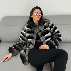 Chinchilla Fur Coats Real Rex Rabbit Fur Jacket With Stand Collar Short Fur Coat Women Warm Winter Outerwear