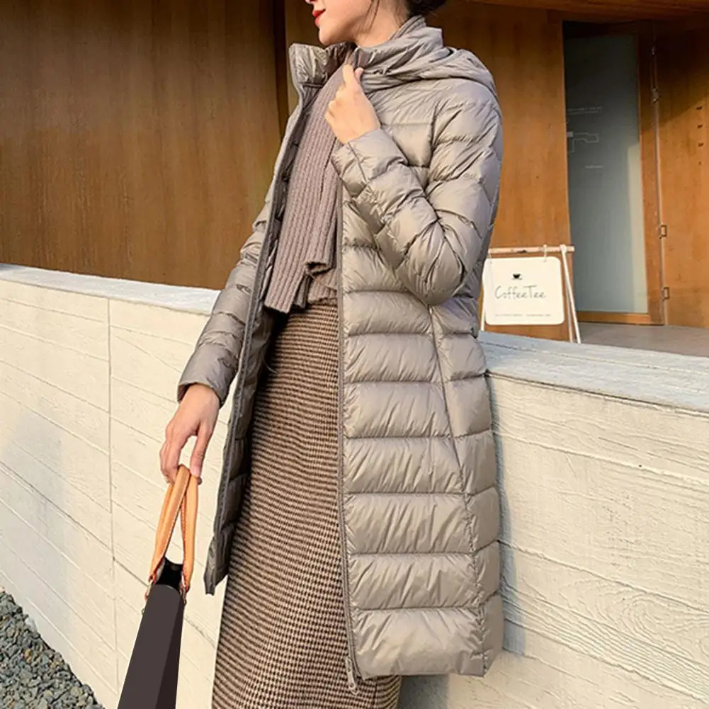 Women Winter Down Coat Hooded Padded Solid Color Mid Length Slim Fit Plus Size Long Sleeves Zipper Closure Windproof Warm Jacket