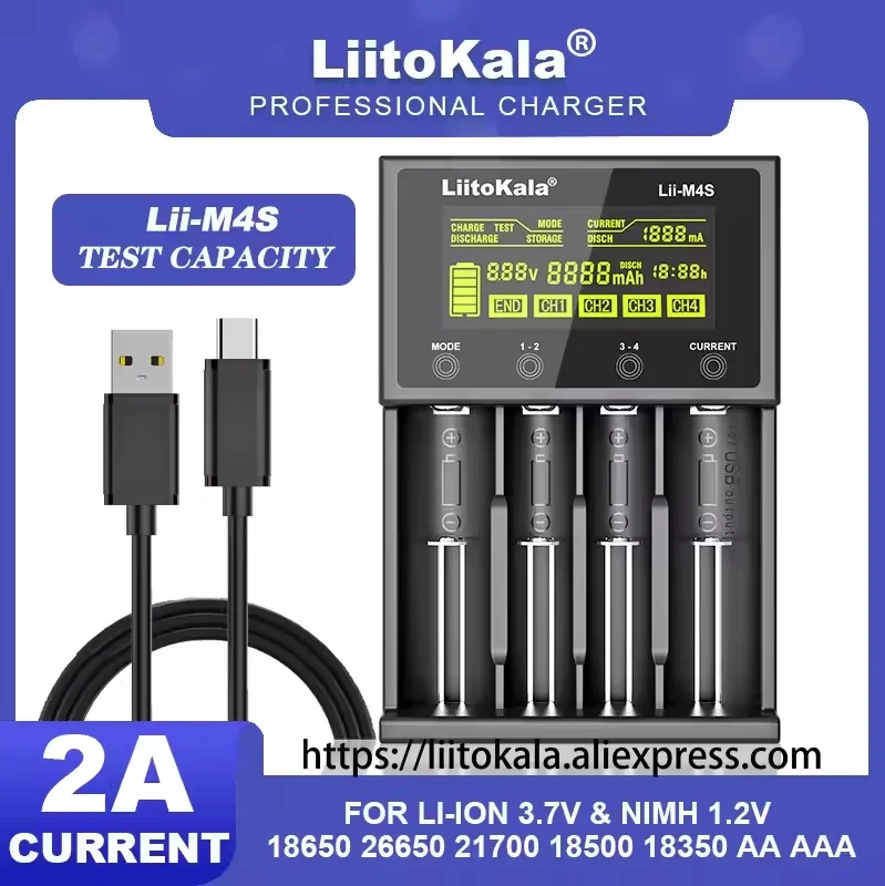 LiitoKala Lii-M4 M4S Smart Battery Charger 4 Slots LCD Display Capacity Test For 3.7V 18650 26650 21700 18350 18500 1.2V AA AAA