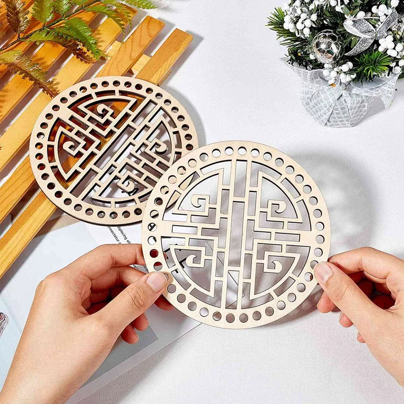 2 Pcs Crochet Basket Bag 5.5 Inch Circle Hollow Crochet Basket Wooden Base DIY Craft Basket Making Supplies