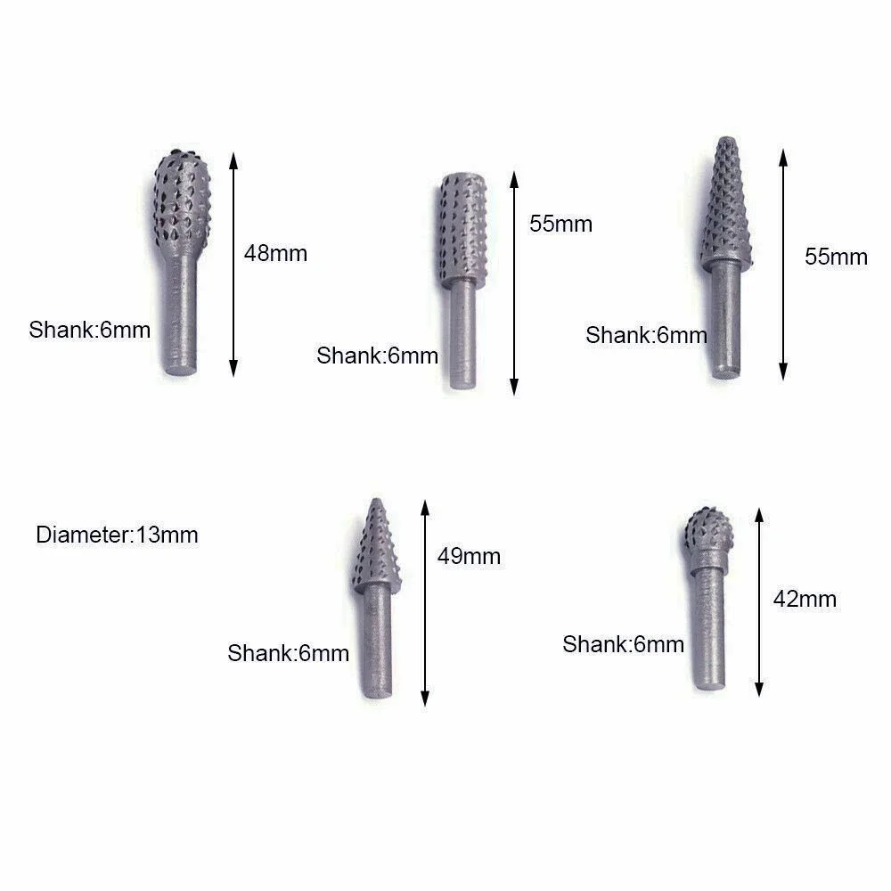 5Pcs Rotary Craft Files 6mm Shank Rotary Rasp Burrs Wood Bits Grinding Woodworking Hand Tool