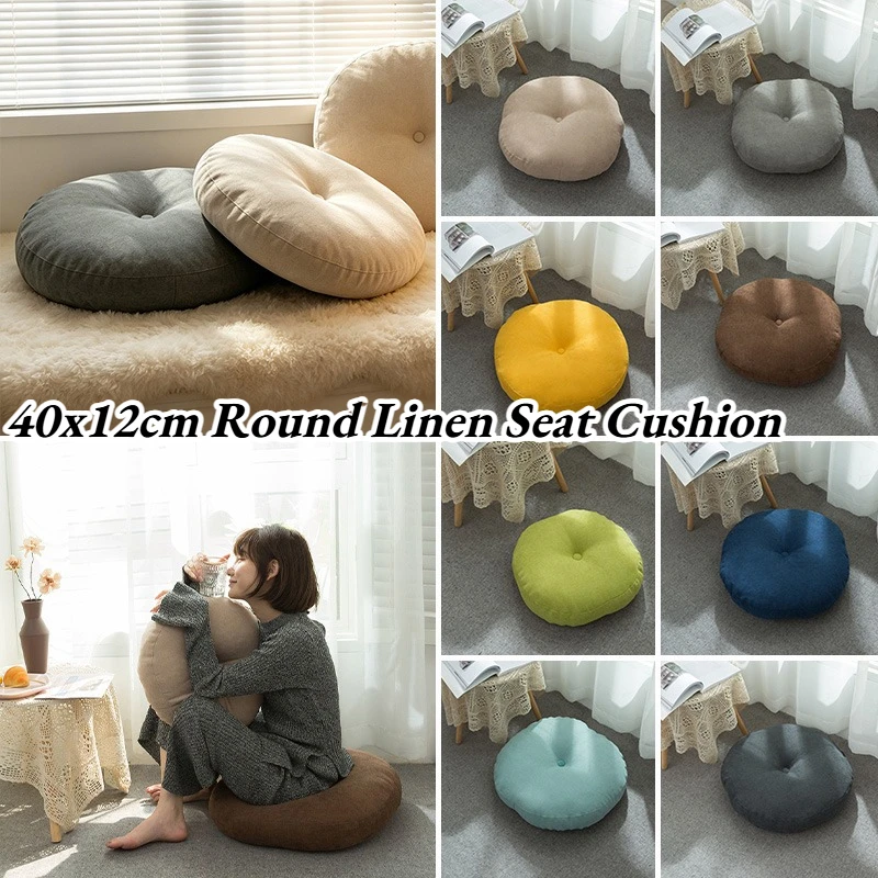 Solid Color Round Linen Seat Cushion Silk Cotton Core Tatami Cushion Oversized Yoga Pillow Sofa Floor Cushion Home Decoration