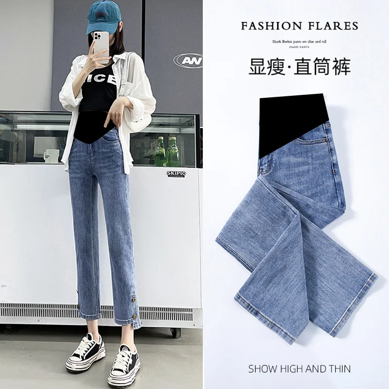 

9903# Summer Autumn New Fashion Stretch Denim Maternity Jeans 9/10 Straight Belly Pants Clothes for Pregnant Women Pregnancy