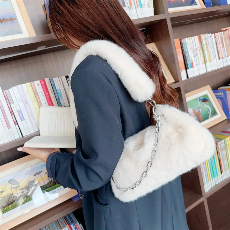 Fashion Solid Color Fake Fur Women\'s Shoulder Bag Sweet Luxury Plush Ladies Armpit Bags Simple New Chain Female Handbag Purse