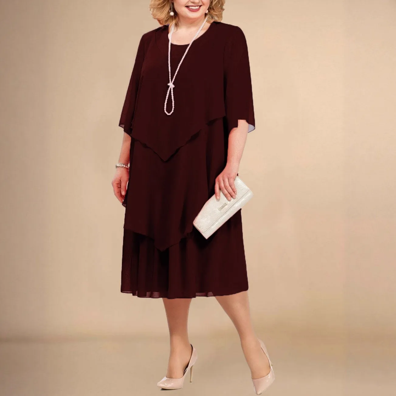 

Elegant Party Dress Wedding Guest Round Neck Cap Sleeve Ruffle Evening Dress Midi Three Quarter Sleeve Layered Chiffon Dress