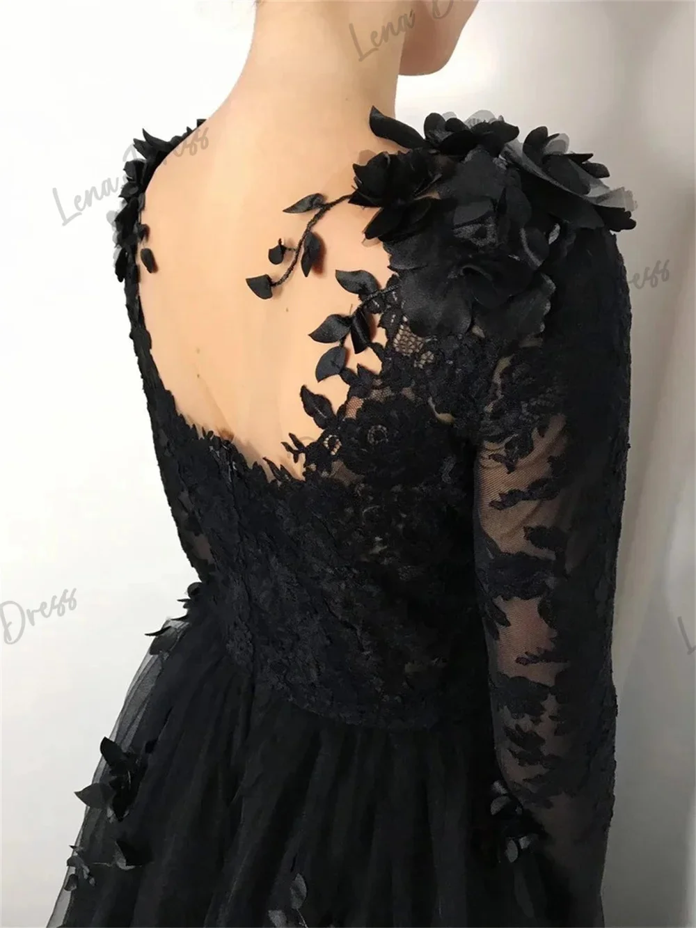 Lena Graduation Dresses for Formal Occasions Lace Embroidered Long Sleeve A Line Sexy Black 3D Flowers Serin Evening Dresses