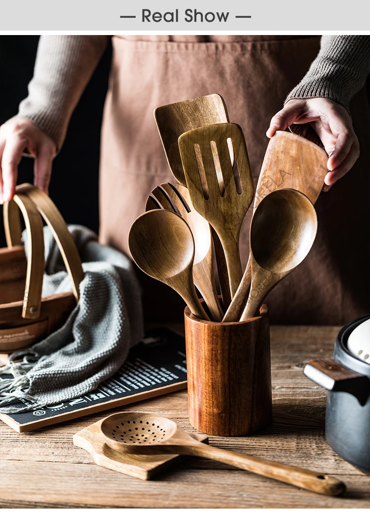 9 Cucchiai Di Legno Per Cucinare, Utensili In Legno Per Cucinare Con Portautensili Set Da Cucina In Legno Di Teak