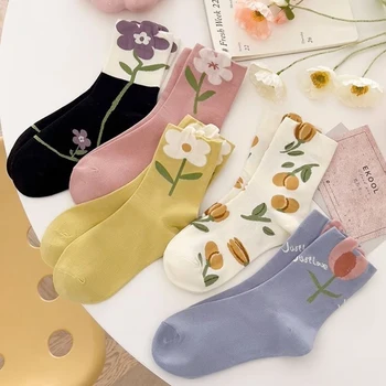 5 pares meias de flores para mulheres coreano algodão bonito meias estilo tubo médio para menina respirável casual doce feminino meias florais