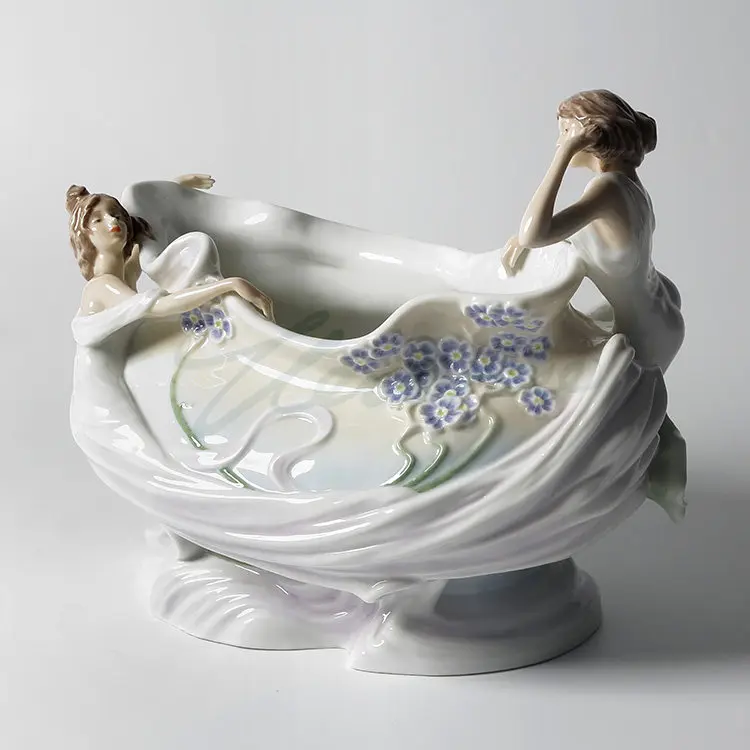 Porcelain Two Ladies Figurine Storage Bowl Embossed Purple Flowers Ceramic Decorative Tray Flower Pot Home Tabletop Art Ornament
