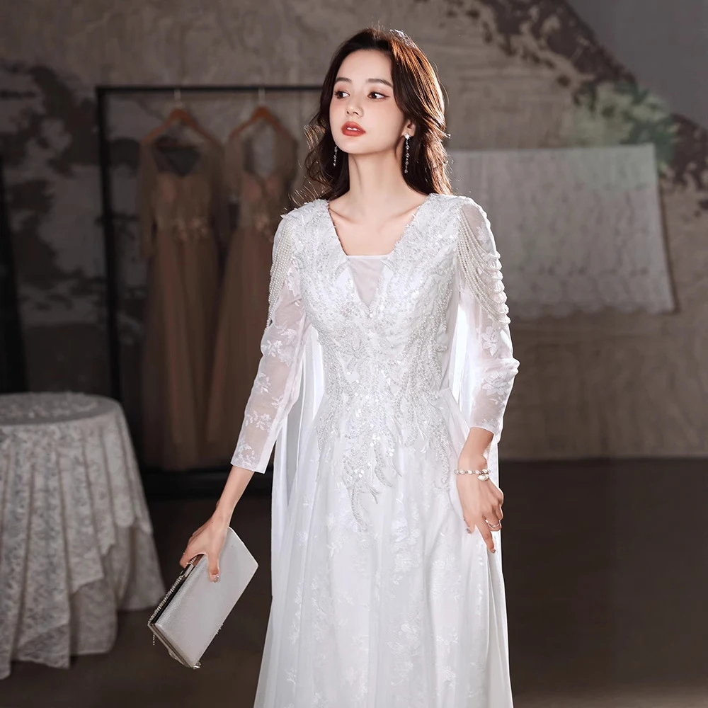 

Elegant Solid White Evening Dress Women's Long Sleeved V-neck Flower Applique A-line Prom Dress Female Cocktail Dresses