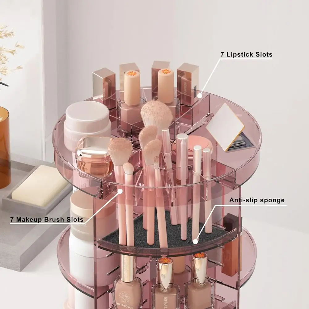 Rotating Makeup Organizer with DIY 8 Adjustable Height, Pink | Lipstick Slots, Spinning Skincare, Brush and Perfume Storage, Van