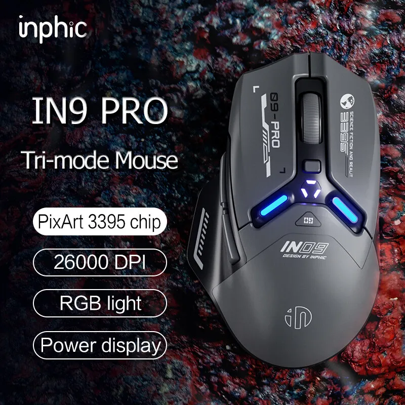 Inphic IN9 Pro Gaming Mouse Wireless/Wired/Bluetooth5.0 Tri-mode PAW3395 26000dpi 6-button Customized Optical Mouse