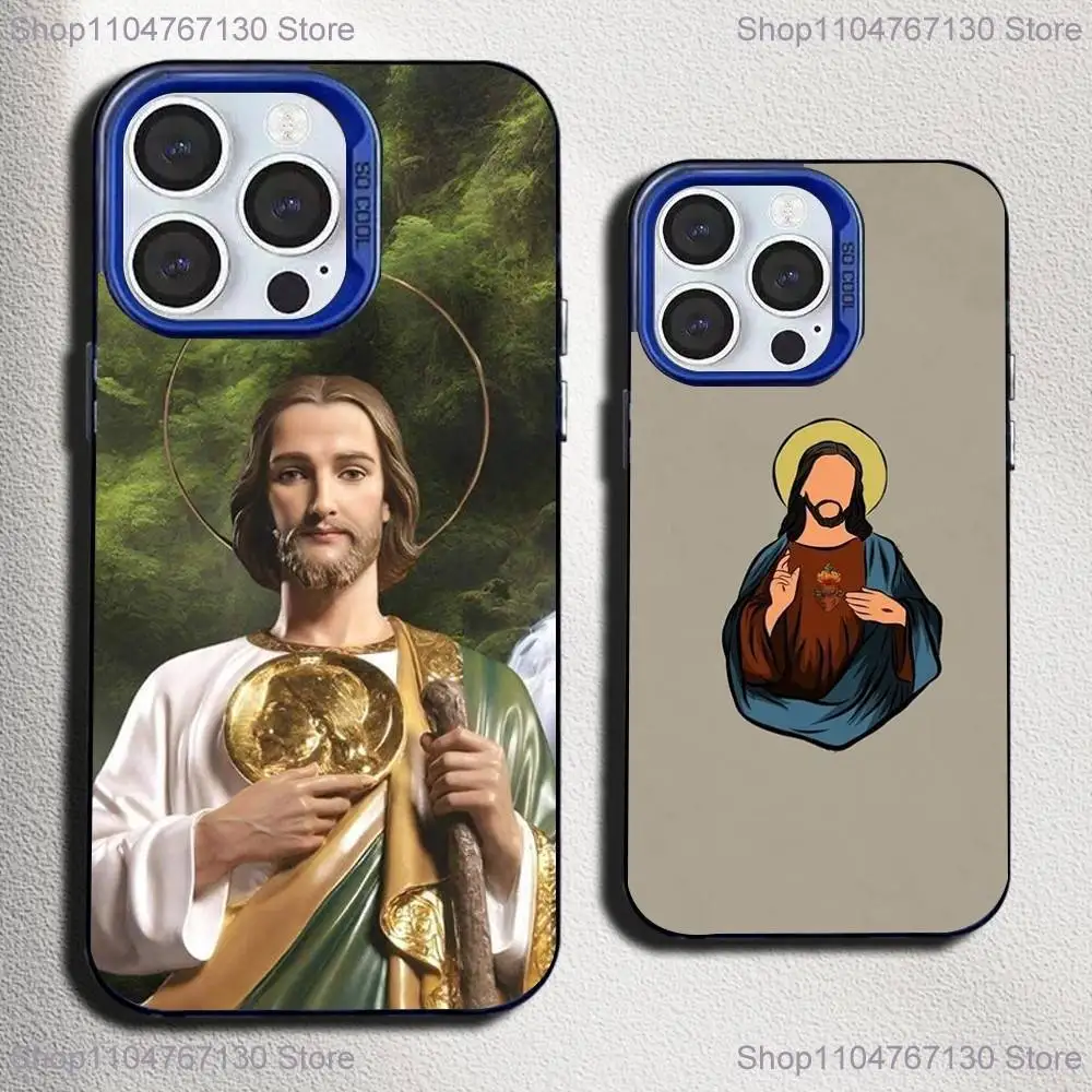 

San Judas Tadeo ART Phone Case For iPhone 16,15,14,13,12,11,Mini,Pro,SE,MAX Blue Matte Silicone Cover