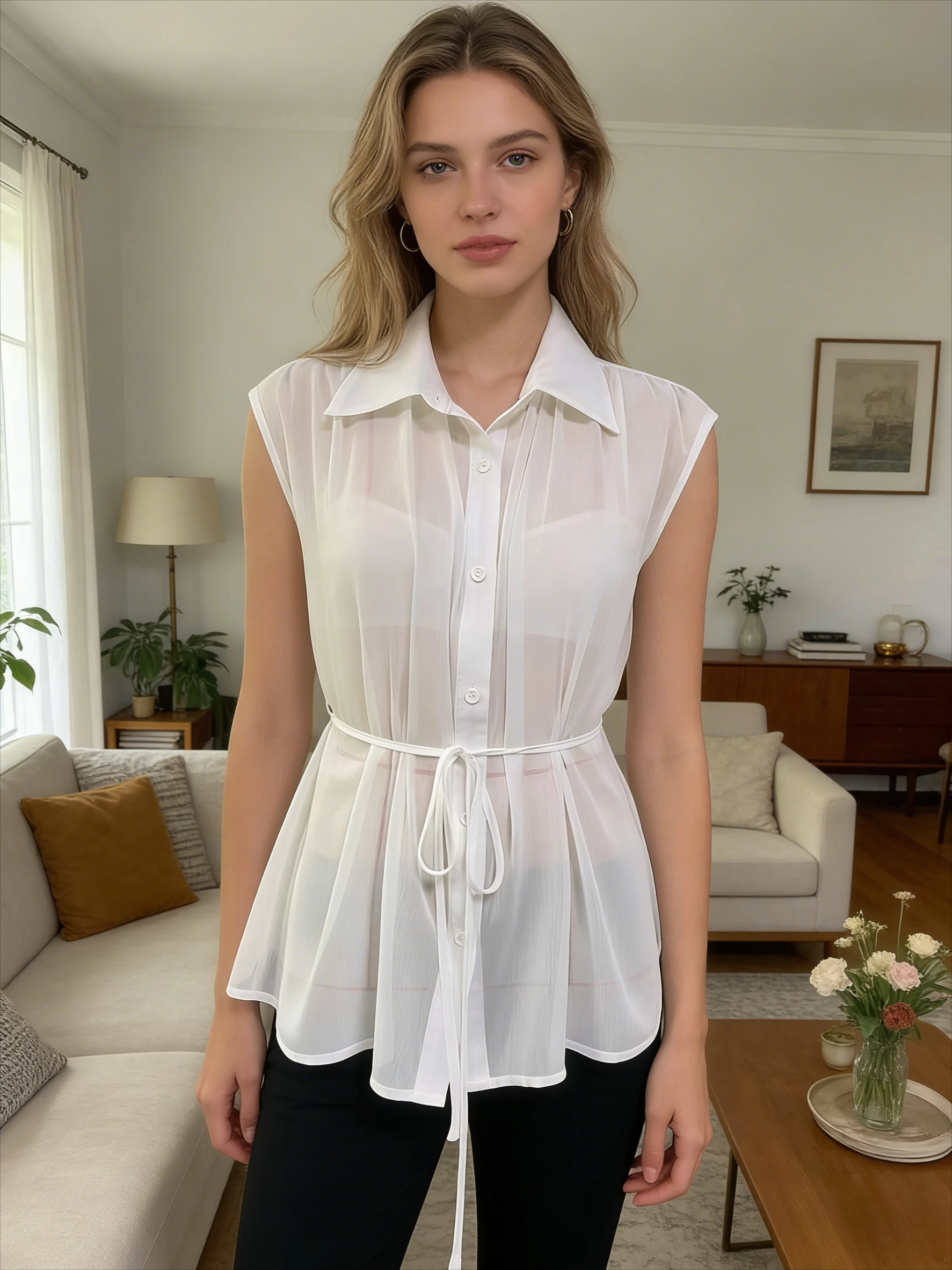 Women's White Sheer Sleeveless Blouse 2026 Turn Down Collar Button Down Belted Waist Peplum Top Casual Office Summer Shi